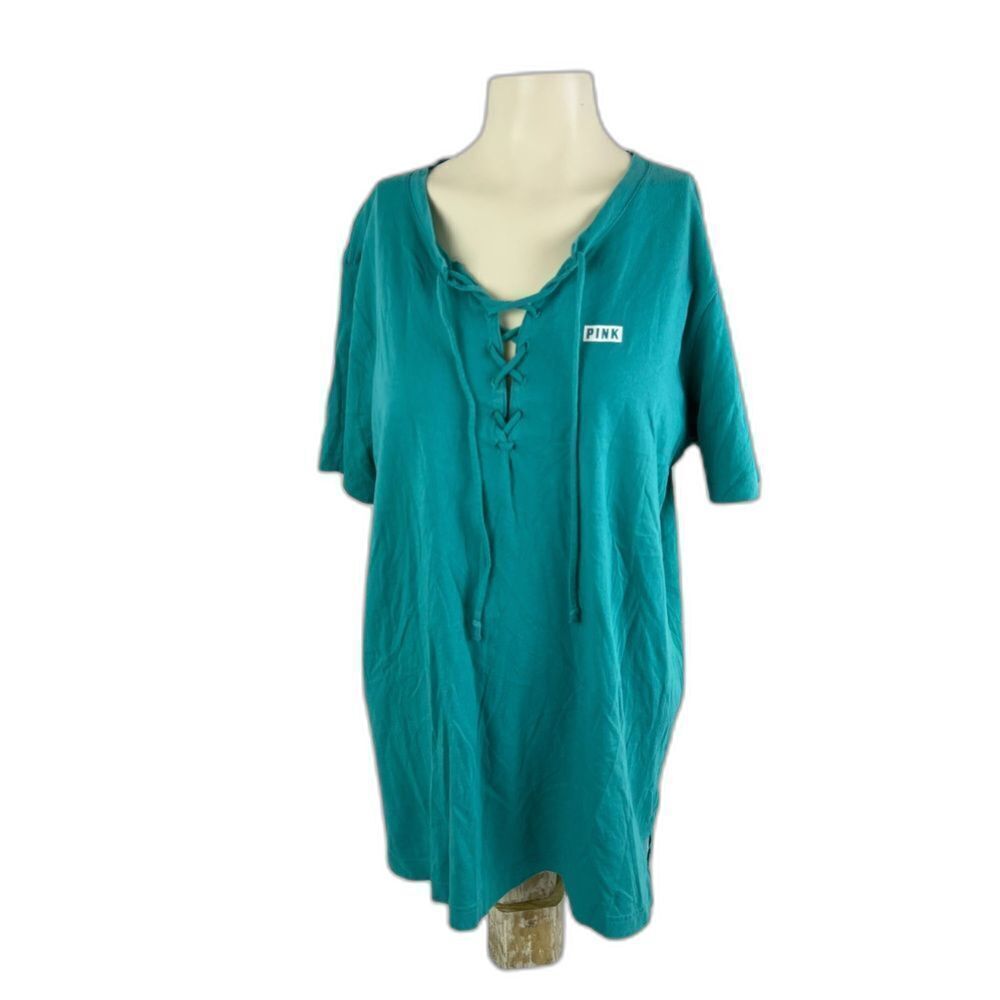 Victoria’s Secret Pink Womens Short Sleeve Lace Up Tee Shirt Top Teal Size Large
